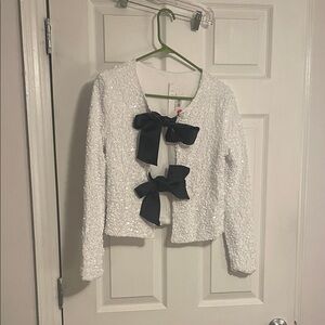 White Sequin Cardigan with Black Bows